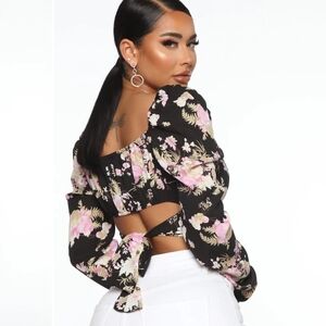 Fashion Nova Floral Front Tie Crop Boho Peasant Long Sleeve Top XL